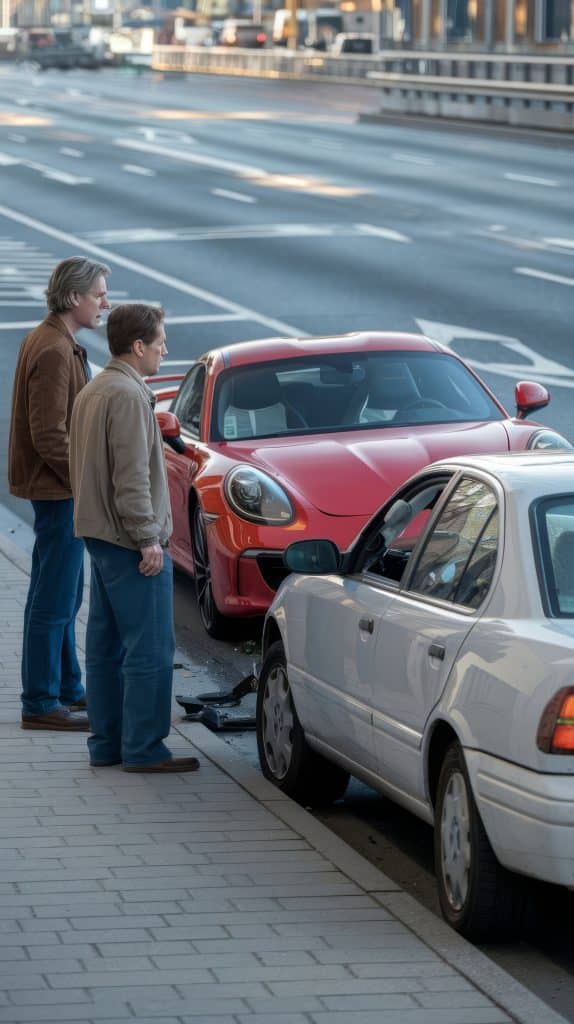 two men and two parked cars